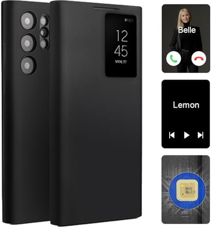 qichenlu Intelligenter Window Echtleder Klapphülle für Samsung Galaxy S24 Ultra | Magnetisches Sichtfenster & Anrufsteuerung | Auto Schlaf-Wach Funktion,Schwarz