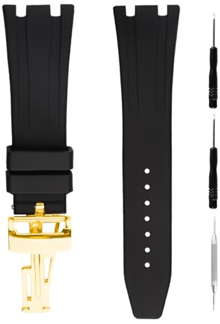 unilabo Gummi-Uhrenarmband, kompatibel mit 28 mm Audemars Piguet Royal Oak Offshore AP 15703 15710 15400 26470 26400, Silikonarmband mit Faltschnalle, Ersatz für Damen und Herren, goldfarben (goldene
