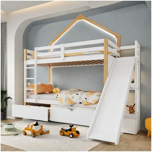 Sapgaks Lit superposé avec Toboggan、Bandes Lumineuses Cool et Deux tiroirs, lit Enfant avec Toit et fenêtre,lit cabane 90x200cm,Quatre marches Droites,pin+MDF, Blanc+Naturel (A-Blanc+Naturel)