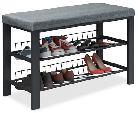 Relaxdays Schuhbank, Polsterbank mit Schuhablage, 2 Ebenen für Schuhe, HBT: 50,5 x 82 x 33 cm, Stoff & Metall, Farbwahl