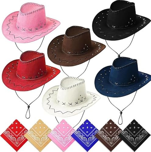 TESIN 6er-Pack Cowboyhüte und Halstücher-Set, Leder-Cowgirl-Hut und Filz-Cowboy-Hut, Western-Kostüm für Männer und Frauen, Party und Bühne, Cowboyhut Multipack