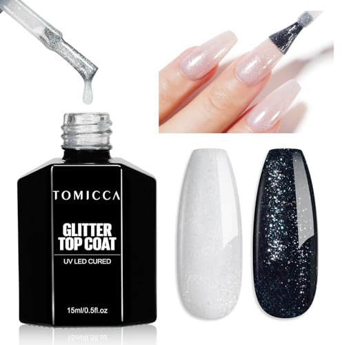 TOMICCA Glitzer Top Coat Gel UV, 15ML No Wipe Top Coat Glitzer Gel Nagellack, Soak-Off UV/LED Nagellack Geschenk für Nagelstudio DIY Home
