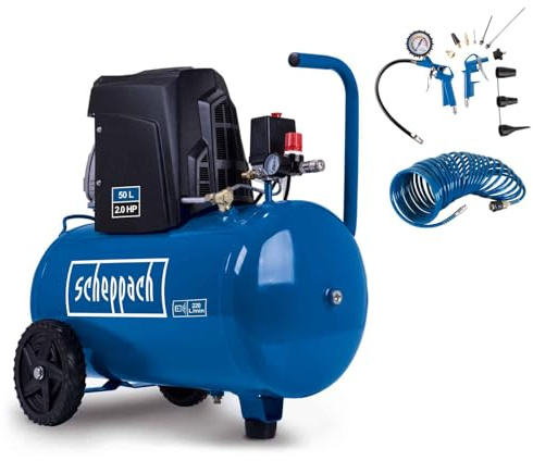 Scheppach Kompressor HC63 Druckluftkompressor 50 L Kessel, 10 Bar 1500W | 220L/min Ansaugung | Fahrvorrichtung & Transportgriff | Inkl. 10m Druckluftschlauch, Reifenfüller, Ausbplaspistole & Aufsätze