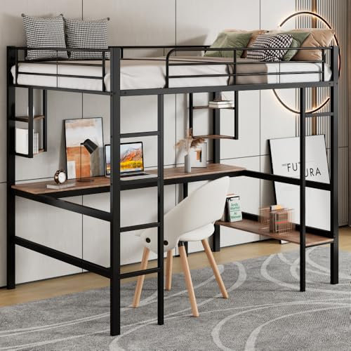 OCACA Bettgestell Metallbett, Eisenbett mit Schreibtisch, Hochbett mit Vier kleinen Regalen und einem großen Bücherregal für Kinder, Jugendliche und Erwachsene (90cm*200cm,Black)
