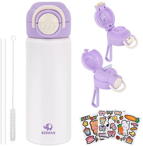 BEBOAN Kids Metal Water Bottle Purple 550ml/18.6oz Insulated Water Bottling with Straw, Stainless Steel Double-Walled Thermal Bottle BPA-Free, Flip up Child's Flask for Girls with 3 Cute Stickers