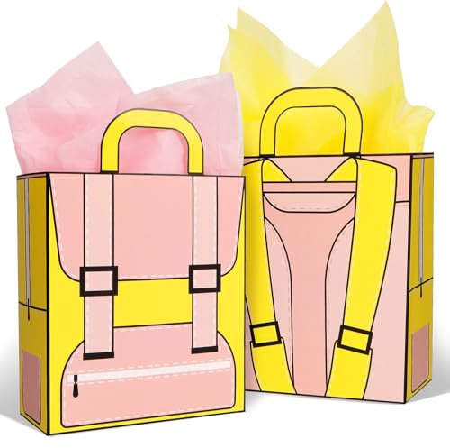 BETESSIN Geschenktüte Einschulung Mädchen Rosa - 10 Stück Papiertüten mit Schultasche Motiv - 15.5x6.5x17.5cm Geschenktaschen mit Henkel & Seidenpapier - Geschenkverpackung zum Schulanfang