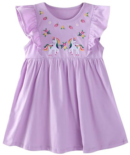 FILOWA Vestito per Bambina Ragazze Cotone Maniche Volanti Estivo Abiti Unicorno Fiore Fragola Ricamo Abito Animale Stampa Vestiti Primavera Parco Scuola Compleanno per Regazza Bambini 5-6 Anni, Viola