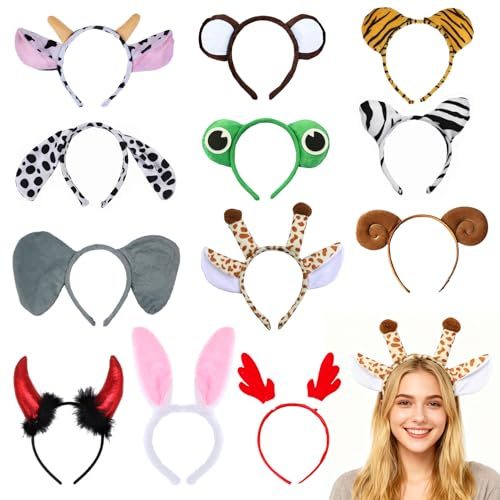 Spetsbst Tier Haarreif mit Ohren 12x Cartoon Animals Ohren Stirnbänder Set | Tiger Giraffe Hasen Katze Kostüm Zubehör Kopfbedeckung für Erwachsene Kinder Party Karneval Geburtstag