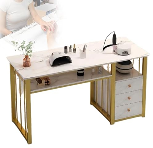 Kindevieft Nageltisch, professioneller Maniküretisch, Maniküretisch mit Marmorstruktur und Mehreren offenen Regalen, Spa-Salon-Arbeitsplatz, Technikertische für den Salon 140cm