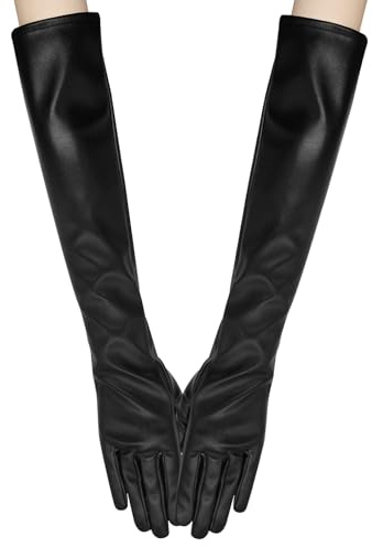 Long Keeper Lederhandschuhe Damen Lang Schwarz Kunstleder Sexy Elegant Abendhandschuhe Leder Touchscreen Handschuhe Ellenbogenlang für Halloween Party Kostüm