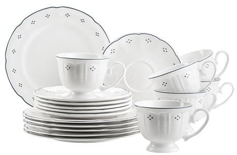 Mäser Serie Lova, Kaffeeservice 18-teilig Porzellan – 6 Dessertteller 19,5 cm, 6 Tassen 19 cl & 6 Untertassen 15,5 cm, Blau