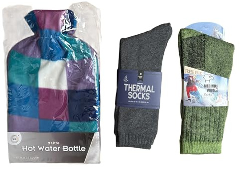Hot Water Bottle 2L with Fleece Cover and Thermal Socks Set – Blue Patchwork Design – Cold Weather Essentials for Men and Women, Reusable Heat Therapy for Winter Comfort (Blue Patchwork)