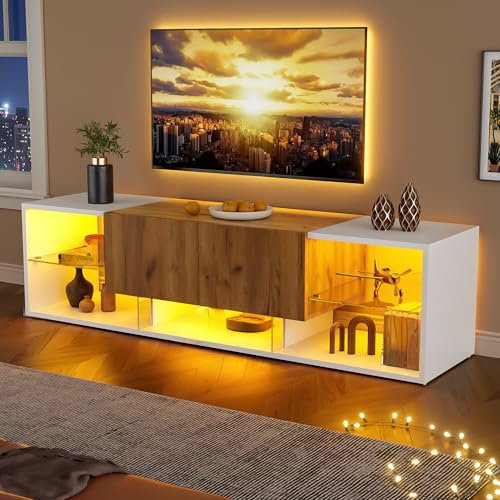 Gxffipw TV Schrank Lowboard Länge 160 cm für Fernseher bis zu 60 Zoll, Fernsehschrank TV Board mit LED Licht und Schubladen, Wohnzimmerschrank mit Glasplattform, Wohnzimmer Möbel, Weiß+Holzfarbe