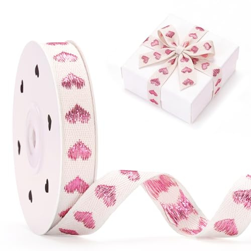 G2PLUS 15mm Baumwolle Geschenkband mit Roségold Herzchen: 10 Yards Schleifenband für Geschenkverpackung, Besticktes Jacquardband für Valentinstag, Hochzeitsdekorationen