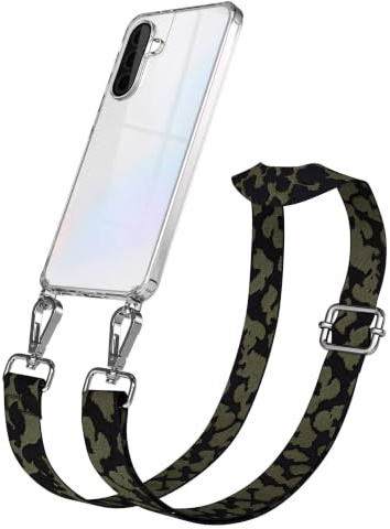 EAZY CASE Handykette - Verstellbares Taschenband kompatibel mit Galaxy A36, Schulterriemen, Handykordel mit Silikon Hülle, Umhängetasche, Dunkelgrün Camouflage Silber