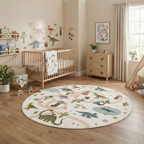 Carpetsale24 Kinderteppich Dinosaurier Spielteppich rund 160 cm für Kinderzimmer in Creme Dino Motiv ideal als Spielunterlage