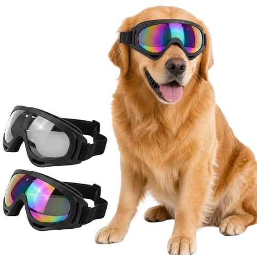 Dog Goggles Eye Protection, Sunglasses for Dogs with Clear and Multicolor Lenses, Adjustable Strap for Outdoor Activities, Car Rides, Beach Trips, Motorcycle Rides, Snow Adventures, Boating, Daily Wal