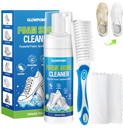 GLOWPOINT Shoe Cleaner, 200ml White Shoe Cleaning Kit with Brush & Towel | Sneaker Cleaner Foam Removes Dirt & Stain for Tennis Shoe, PU Leather