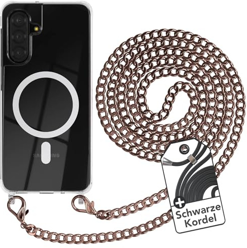 EAZY CASE - Handykette kompatibel mit Galaxy A17 Kette zum Umhängen Stoßfest Handyhülle für Galaxy A17 Silikon Hülle mit Band aus Metall Transparent als Fallschutz in Rosé-Gold