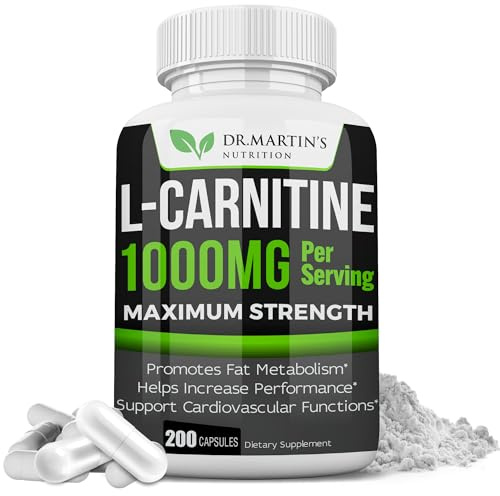 DR. MARTIN'S NUTRITION Extra Strength L-Carnitine - 200 Capsules - 1000mg Per Serving - Boost Your Metabolism and Increase Performance