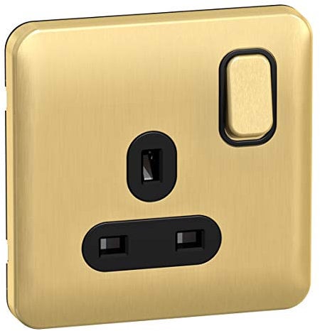 Schneider Electric Lisse Screwless Deco - Switched Single Power Socket, 13 A, GGBL3010BSB, Satin Brass with Black Insert