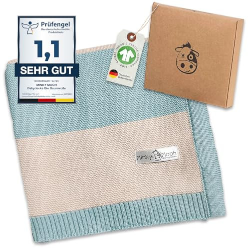 Minky Mooh Babydecke Bio Baumwolle, Oeko-Tex 100, Kuscheldecke, Strickdecke, Krabbeldecke & Puckdecke, Geschenk zur Geburt & Erstausstattung- 94x72 cm, Mint