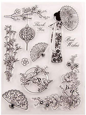 Hinleise Transparenter Silikon-Stempelbogen – Kimono japanischer Stil Transparente Siegelprägung Stempel für Kartengestaltung, Scrapbooking, Dekoration, Wörter, Journaling, DIY Album