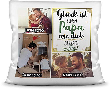 PR Print Royal Kissen mit Füllung - Fotocollage selbst gestalten mit Spruch für Papa - GLÜCK - mit DREI eigenen Fotos - Geschenkidee Fotokissen - Kissen Polyester - Weiß
