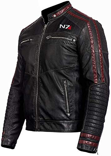 HiFacon Herren Mass Effect 3 N7 Commander Shepard Motorradjacke, Leder, Retro-Stil, Schwarz Gr. L, Schwarz - Echtleder