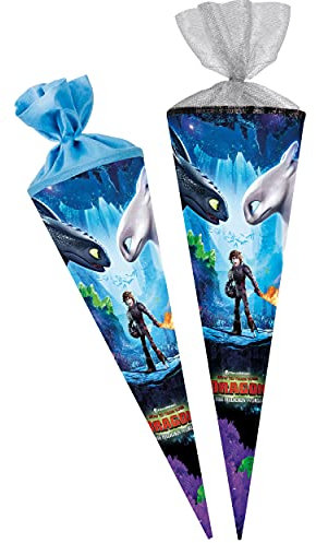 Schultüte Größenwahl Dragons - Drachenzähmen leicht gemacht - 100 cm - 12 eckig - Tüllabschluß - Zuckertüte - mit/ohne Kunststoff Spitze - Nestler - Jun..