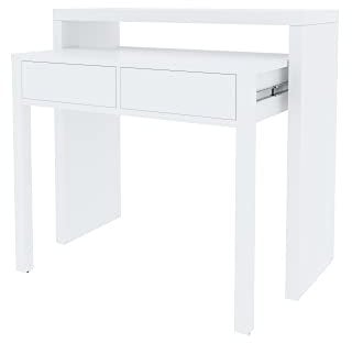 Ausziehbarer Konsolenschreibtisch mit zwei Schubladen, mattweiße Farbe, Maße 98 x 87 x 36 cm (ausziehbar bis 66 cm)