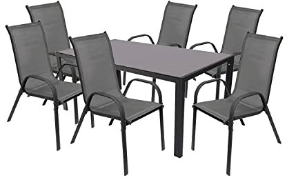 Mojawo 7tlg Gartenmöbel SetGartengarnitur 7-teilig Glastisch 160x90cm mit Glasplatte + 6 Stapelstühle Textilen Anthrazit