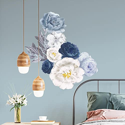 WALPLUS Elegant Blue Watercolour Peonies Wall Stickers 110 x 60 cm, Peel and Stick Removable Wall Decals for Bedroom Nursery Playroom Living Room Decor
