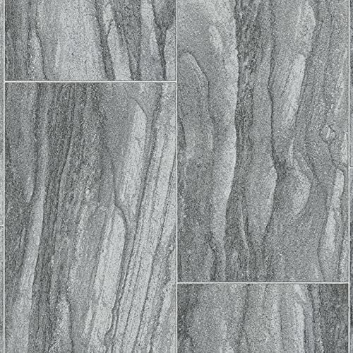 Tile Effect Vinyl Flooring 5mm Thick Lino for Bathroom Kitchen Hall (Grey Marble Tiles, 6m x 4m)