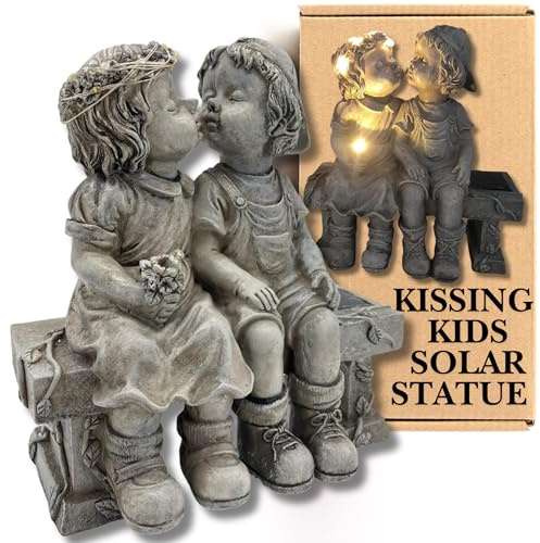 Resin Kids Statue Garden Ornament | Boy and Girl Garden Ornaments Outdoor | 21cm Kissing Kids Garden Statues Outdoor Bench | Resin Garden Solar Ornaments - Solar Lamp Garden Decoration | Outdoor Decor