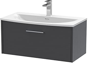Hudson Reed JNU2225G Juno Modern Bathroom Wall Hung Single Drawer Vanity with Curved Ceramic Basin, 800mm, Woodgrain Graphite Grey