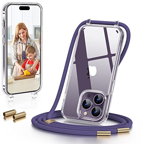 GOODVISH Handykette Kompatibel mit Apple iPhone 14 Pro 6,1 Display, Necklace Hülle mit Band Handyhülle für zum Umhängen, Transparent Case mit Schnur Kameraschutz und Bildschirmschutz, DunkelViolett