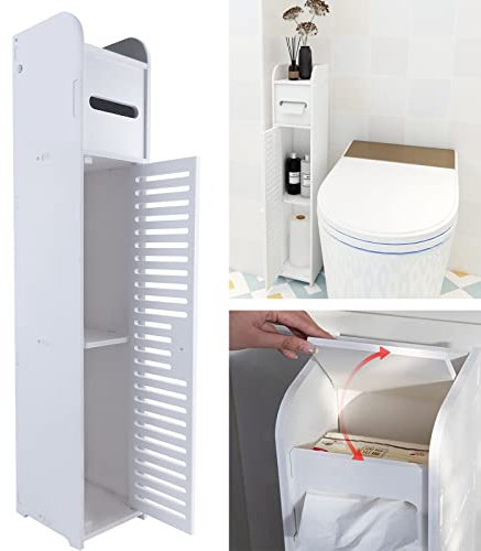 Slim Bathroom Storage Unit, White Small Bathroom Storage Cabinet Free Standing, Waterproof Toilet Storage Bathroom Cupboard, Bathroom Floor Cabinet Laundry Cabinet Corner Organizer Storage Furniture