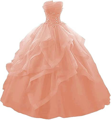 WSEYU - Robe de bal longue à ruches pour quinceanera - Robes de mariée sans bretelles en dentelle et tulle avec perles - Robe de princesse de soirée, rose poudré, 34