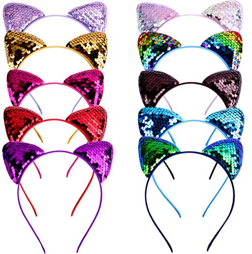 Dalettu 10 Stück Katzenohren Stirnband, Glitzer Katze Haar Hoops Sparkle Haarband, katzenohren haarreif kinder, Pailletten Haarband Headwear für Frauen Mädchen Tägliche Leben und Party Dekoration