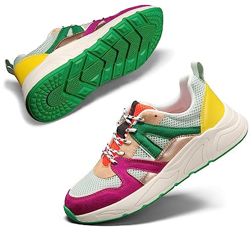 LUCKY STEP Sneakers Casual da Donna Piattaforma Classica Leopardata (Fucsia/Verde, 11US-42EU-9UK)