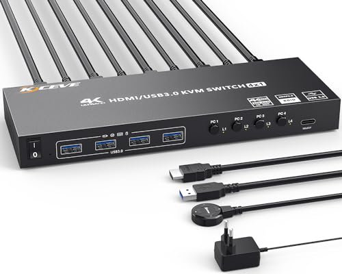 USB3.0 KVM Switch HDMI 4 Ports 4K@60Hz Simulation EDID, ESKEVE HDMI2.0 KVM Switch 4 PC 1 Monitor 2K@120Hz für 4 PC Teilen 1 Monitors und 4 USB3.0-Geräte, mit Wired Remote und HDMI+USB3.0 Kabeln