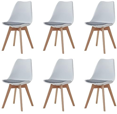 HJhomeheart Lot de 6 chaises de Salle à Manger Scandinaves, Pieds en Bois Massif, Coussins de Chaise tissés, Chaises de Cuisine, Chaises Modernes (Blanc-QNG)