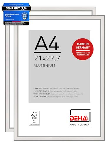DEHA Design Bilderrahmen, 21 x 29,7 cm (A4) (2er Set), Aluminium, Silber glanz, Dokumentenrahmen zum Aufhängen im Hoch- & Querformat, bruchsicheres Kunstglas, Boston