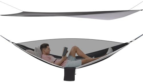 Begoniape Camping Hängematte mit Moskitonetz und Zeltplane, Atmungsaktiv Hängematten aus Nylon Polyester, Reise Hammock für Outdoor-Aktivitäten 200kg Tragfähigkeit 2.9 * 1.4 m (Grau)