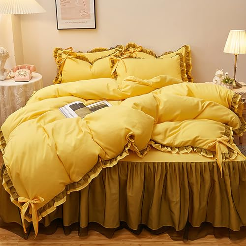 GETIYA Gelb Einfarbig Bettwäsche 135x200 Rüschen & Schleife - Weich Mikrofaser Bettbezug & Kissenbezug Einzelbett für Damen und Mädchen