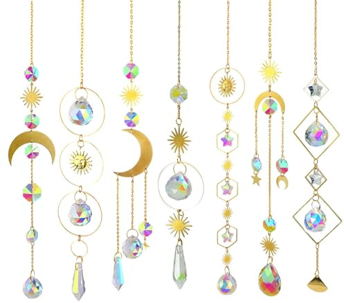 Crystals Suncatcher, 7Pieces Colorful Hanging Sun Catcher with Chain Prism Pendant Ornament Crystal Balls for Indoor Window Home Garden Christmas Day Party Wedding Decoration