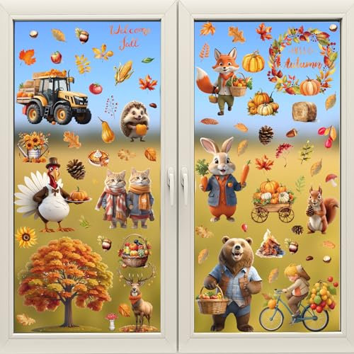 Toptime Fensterbilder Herbst, 9 Blatt Fensteraufkleber mit Bären-, Hasen-, Katzen- und Kürbismustern, 85 Stück Wiederverwendbar Fenstersticker Herbstdeko, Thanksgiving Deko für Glas, Wand, Spiegel