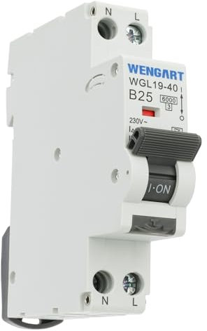Wengat Disjoncteur miniature RCBO WGL19-40, AC230V 25A, 6kA 1P+N 30mA Protection contre les fuites de type A offrant une protection complète pour les appareils ménagers