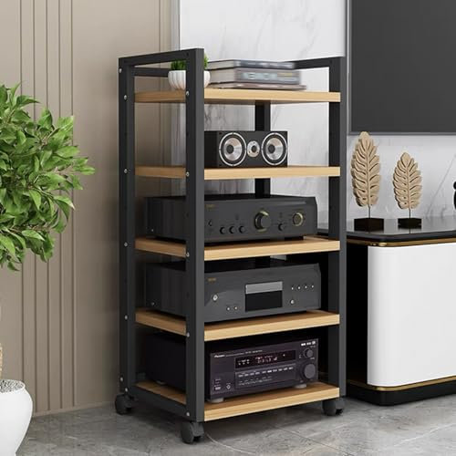 GUAWJRZDP 5-stufiges Hi Fi Rack, Record Player Stand, Hi Fi Regal Mit Verstellbarem Regal, Audio Rack Hi Fi Regal Aus Holz, Offenes Phonoschrank, for Entertainment-Stereokomponenten(Black+Wood)